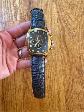 Invicta Gold-Tone Case Black Dial Watch with Black Leather Strap